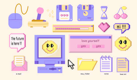 Old pc groovy game 90s aesthetic. Pixel icons, diskette, joystick, dialog boxes. Set of vector vaporwave and retrowave style elements.のイラスト素材