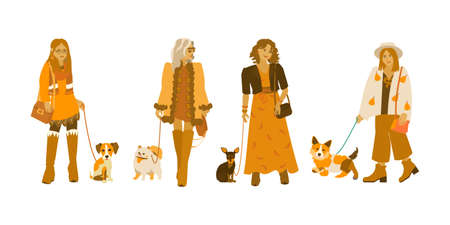 Set of 4 hipster girls with dogs in boho outfits. Happy pets owners in casual wear. Vector illustration on white backgroundのイラスト素材