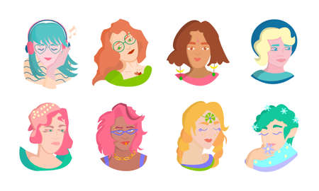 Diverse women with different hairstyles Collection of portraits of girls Set of vector illustration on white backgroundのイラスト素材