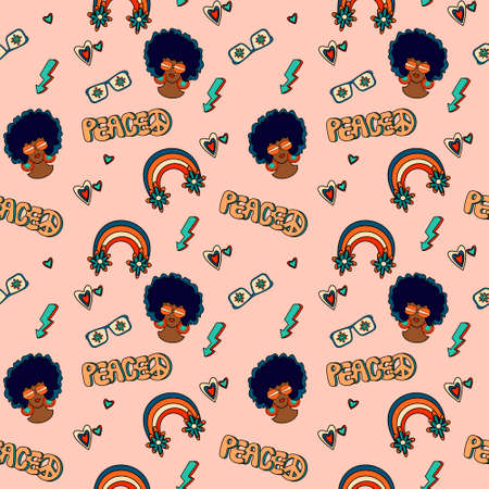 1970 groovy trippy pattern with African-american girl portrait, Rainbow and flowers, Peace text and signのイラスト素材