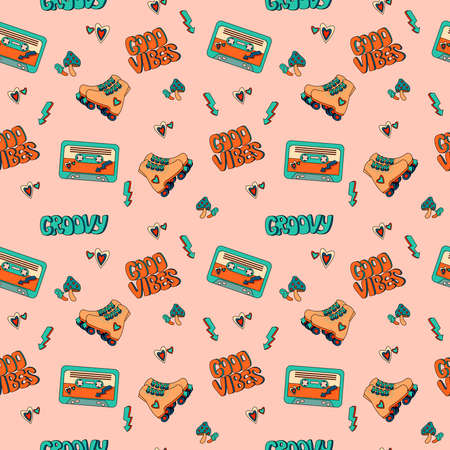 1970 groovy trippy pattern with audio cassette, good vibes text and Roller Skatesのイラスト素材