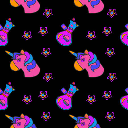 90 groovy trippy seamless pattern with unicorn, stars and posionのイラスト素材