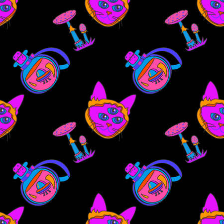 90 groovy trippy seamless pattern with three eyed cat, posion and mushroomのイラスト素材