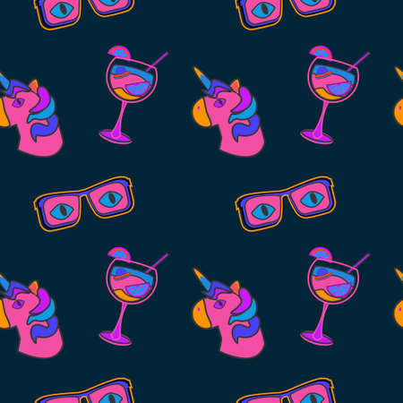 90 groovy trippy seamless pattern with unicorn, cocktail, sun glassesのイラスト素材