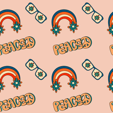 1970 groovy trippy seamless pattern with sun glasses peace text and rainbow with flowersのイラスト素材