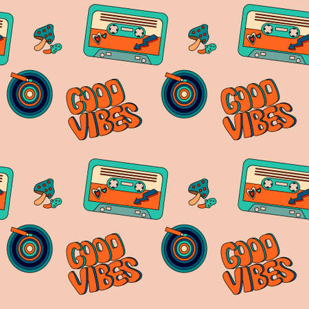 1970 groovy trippy seamless pattern with Audio cassette, Vinyl record, Good vibes text, mushroomsのイラスト素材
