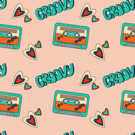 1970 trippy seamless pattern with Groovy text, Audio cassette, heartのイラスト素材