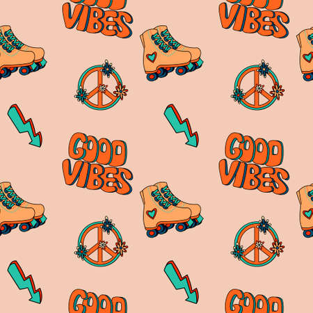 1970 groovy trippy seamless pattern with Peace sign with flowers, Good vibes text, Roller Skates, Flash signのイラスト素材