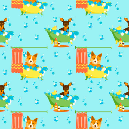 Seamless patern Doggy in bubble bath. Bathroom washing for domestic animal. Grooming service.のイラスト素材