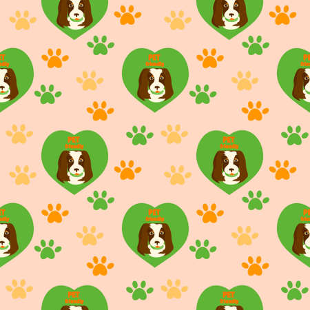 Seamless pattern with cute dog. Spaniel in heart, dog friendly text and finger print Vector illustration for kids room, pet hotel or zoo marketのイラスト素材