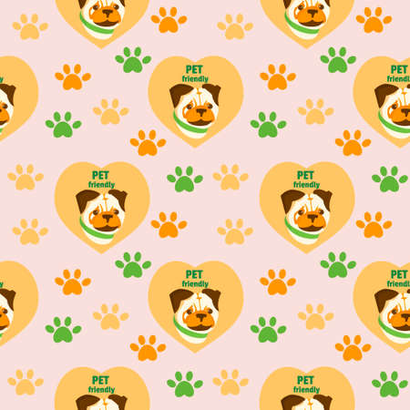 Seamless pattern with cute dog. Pug in heart, dog friendly text and finger print Vector illustration for kids room, pet hotel or zoo marketのイラスト素材