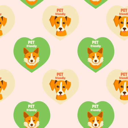 Seamless pattern with cute dogs. Corgi and jack russell terrier in heart and dog friendly text Vector illustration for kids room, pet hotel or zoo marketのイラスト素材