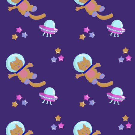 Animals in open space. Cute cat astronaut, ufo and stars. Characters exploring universe galaxy. cartoon vector illustration.のイラスト素材