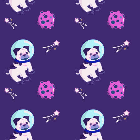 Seamless pattern Animals in space. Cute pug astronaut planet and comet.. Characters exploring universe galaxy. cartoon vector illustration.のイラスト素材