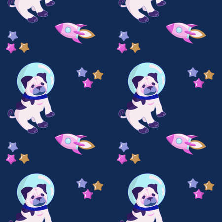 Seamless pattern Animals in space. Cute pug astronaut rocket and stars. Characters exploring universe galaxy. cartoon vector illustration.のイラスト素材