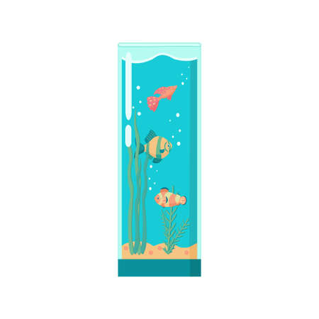 Tall glass aquarium with clown fish and guppy Cartoon vector illustration on white backgroundのイラスト素材