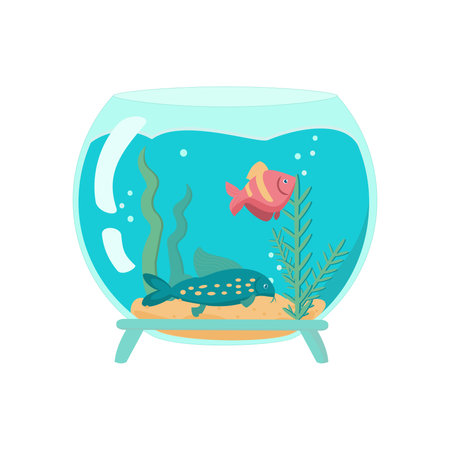 Glass Fishbowl with catfish and diskus Cartoon vector illustration on white backgroundのイラスト素材