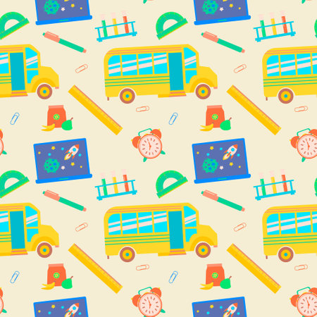 Back to school Seamless pattern with alarm clock, ruler, school bus, notebook, lunchbox. Vector flat illustration for teenagers or children.のイラスト素材