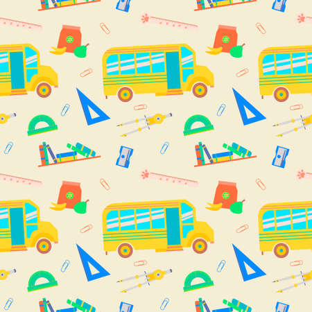 Back to school Seamless pattern with ruler, school bus, compass, bookshelf, sharpener, lunchbox. Vector flat illustration for teenagers or children.のイラスト素材