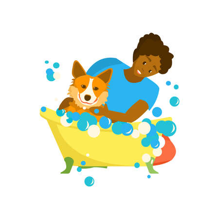 Happy pet owner Young woman washing Corgi in bubble bath. Grooming service. Cartoon illustration on white backgroundのイラスト素材