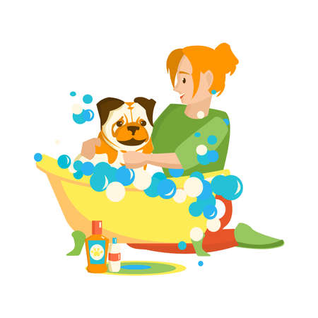 Happy pet owner Young woman washing Pug in bubble bath. Grooming service. Cartoon illustration on white backgroundのイラスト素材