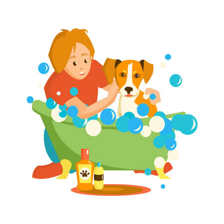 Happy pet owner Young woman washing Jack russell terrierin bubble bath. Grooming service. Cartoon illustration on white backgroundのイラスト素材