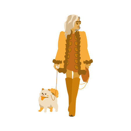 Hipster girls in boho outfits walk with Pomeranian. Happy pet owner in casual wear. Flat illustration on white backgroundのイラスト素材