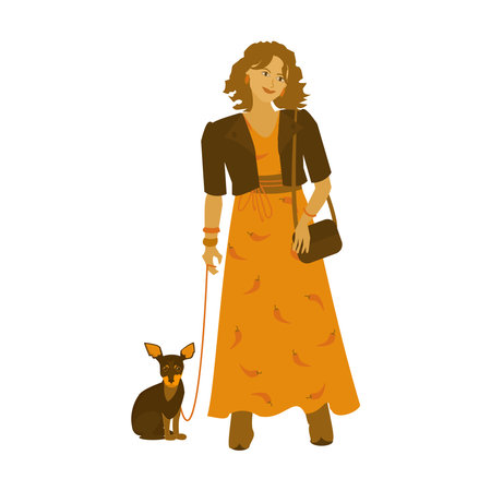 Hipster girls in boho outfits walks with Yorkshire terrier . Happy pet owner in casual wear. Flat illustration on white backgroundのイラスト素材