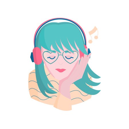 Blue hair woman with heart shape glasses and headphones Portrait of girl Cartoon vector illustrationのイラスト素材
