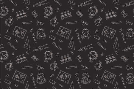 Back to school Seamless pattern with chalk drawing ruler, eraser, backpack, sharpener, globe, apple, laptop, compass. Outline illustration for teenagers or children.のイラスト素材