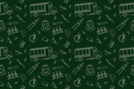 Back to school Seamless pattern with chalk drawing on green blackboard. School bus, Ruler, eraser, backpack, sharpener, globe, apple, laptop, compass. Vector outline illustration for teenagers or children.のイラスト素材