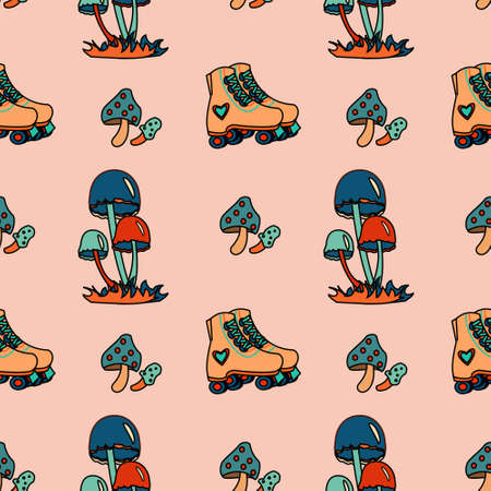 1970 groovy trippy vector seamless pattern with different mushrooms and Roller Skatesのイラスト素材