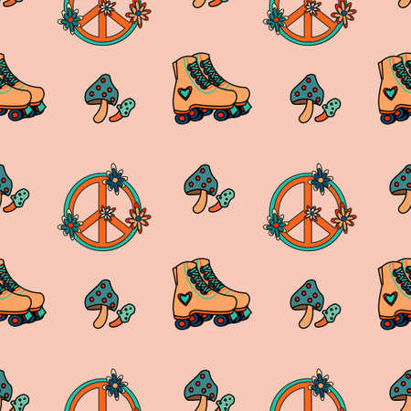 1970 groovy trippy vector seamless pattern with peace sing, mushroom and Roller Skatesのイラスト素材