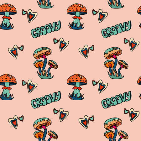 1970 trippy seamless psychedelic vector pattern with mushroom Groovy text, heartのイラスト素材