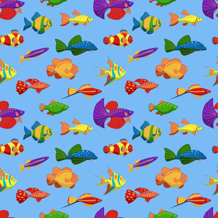 A seamless pattern with exotic tropical fishes. Underwater animals. Vector illustration Swordtail, clown fish, fighting fish, scalare, guppy, diskus, danio, goldfishのイラスト素材