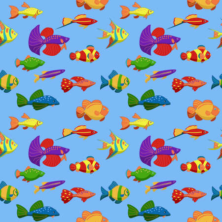 A seamless pattern with exotic tropical fishes. Underwater animals. Vector illustration Swordtail, clown fish, fighting fish, scalare, danio, goldfish, catfish, cichlazomas.のイラスト素材