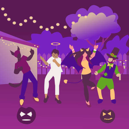 Backyard party People in Halloween costume dancing in garden at night. Cityscape background Flat illustrationのイラスト素材