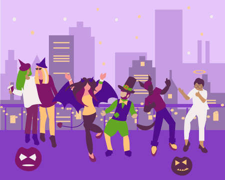 Rooftop party People in Halloween costume dancing on the roof at night. Cityscape background Flat illustrationのイラスト素材