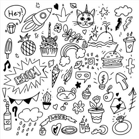 Big hand-drawn cute doodle set Vector illustration on white backgroundのイラスト素材