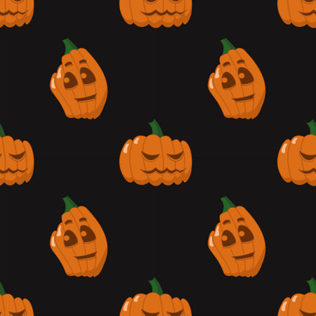 Seamles Halloween pattern with big and grumpy orange pumpkins Cartoon vector illustrationのイラスト素材