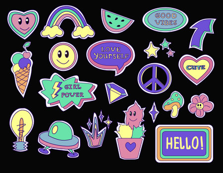 Cool groovy girly retro stickers with smile faces, cartoon comic label patches. Geek hipster vaporwave stickers . Vector illustration of y2k , 90s graphic design badges on black backgroundのイラスト素材