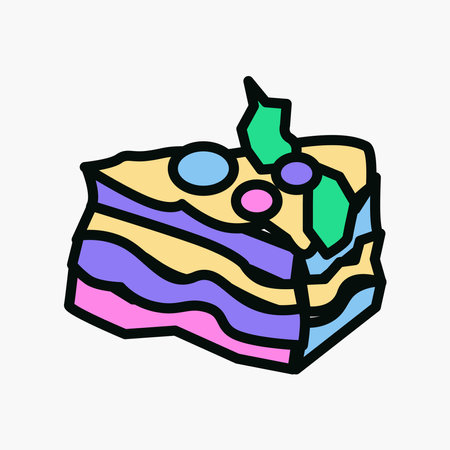 Piece of cake cartoon pin in 80s 90s pop art. Fashion modern stiker with cute funkey fast food elements. Vector Illustrationのイラスト素材