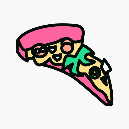 Slice of pizza Cartoon pin in 80s 90s pop art. Fashion modern stiker with cute funkey fast food elements. Vector Illustrationのイラスト素材