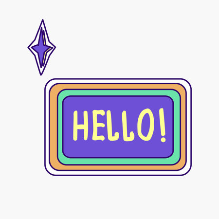 Cool groovy girly retro sticker with hello text. Geek hipster vaporwave stickers . Vector illustration of y2k , 90s graphic design badge on white backgroundのイラスト素材