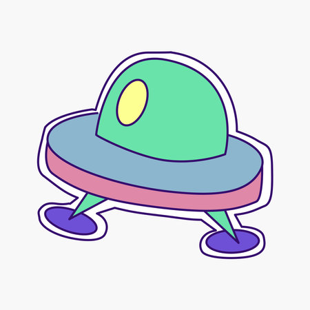 Cool groovy girly retro sticker with ufo. Geek hipster vaporwave stickers . Vector illustration of y2k , 90s graphic design badge on white backgroundのイラスト素材
