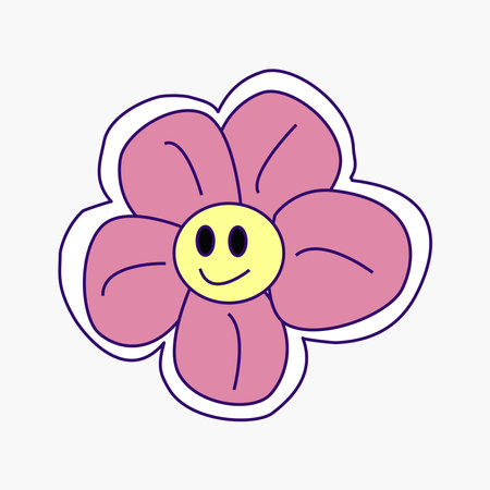 Cool groovy girly retro sticker with retro flower. Geek hipster vaporwave stickers . Vector illustration of y2k , 90s graphic design badge on white backgroundのイラスト素材
