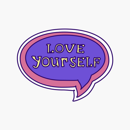 Cool groovy girly retro sticker with love yourself text. Geek hipster vaporwave stickers . Vector illustration of y2k , 90s graphic design badge on white backgroundのイラスト素材
