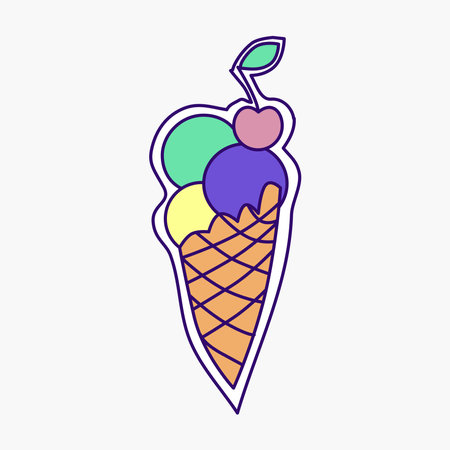Cool groovy girly retro sticker with ice cream. Geek hipster vaporwave stickers . Vector illustration of y2k , 90s graphic design badge on white backgroundのイラスト素材