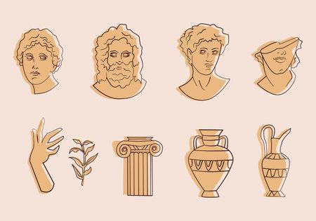 Various greek statues. Heads of woman and man. Amphora, hand. Outline Vector illustration. Classic statues in modern style.のイラスト素材