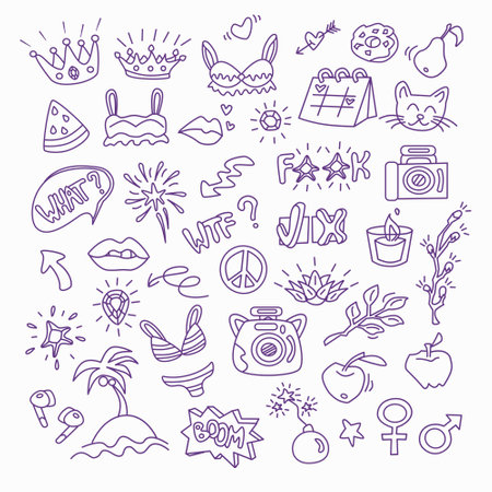 Contour drawings doodle set about love, kisses, travel and young woman life. Outline Vector Illustration on white backgroundのイラスト素材